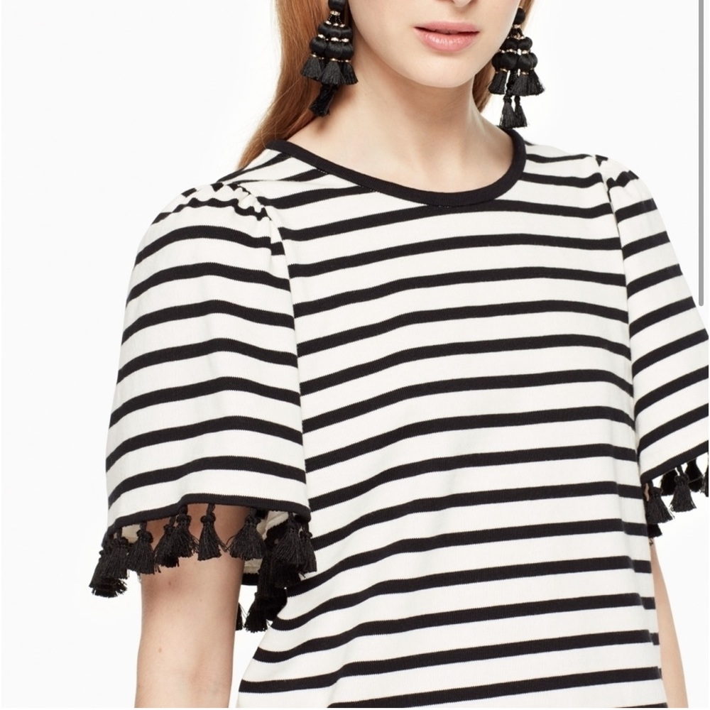 Kate Spade Black and Off White Stripe Flutter Sleeve Tassel Top - Picture 9 of 9